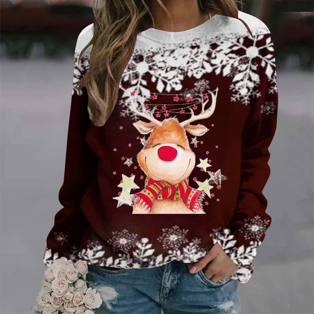 Pntutb Mujeres Otoño e Invierno Casual Navidad Elk Impreso Cuello Redondo Manga Larga Jersey Blusa Sudadera tops Pntutb Pntutb-416