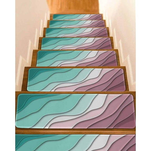 Green Ombre Stair Treads for Wooden Steps Indoor Runner Rug Carpet, Modern Geometric Abstract Dark Red Cream 15 Pieces Peel and Stick Staircase Step Treads Covers Washable Throw Door Mats, 30"x8"