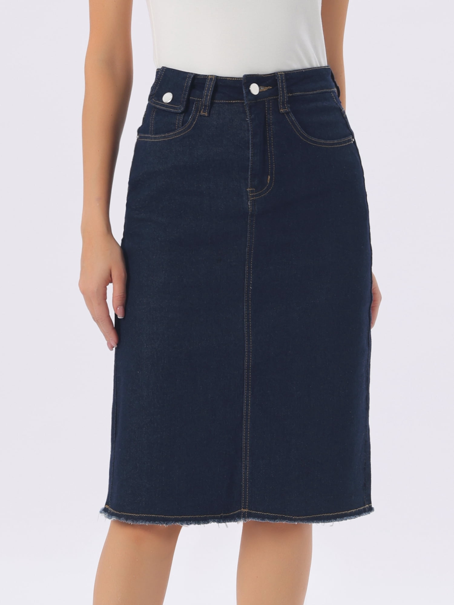 DARING DIVA Women's Back Slit Raw Hem Stretch High Waist Denim Skirt L Navy Blue