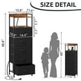 thumbnail image 3 of Eunos Black Tall Nightstand with Charging Station, 5 Fabric Drawer Dresser for Bedroom with LED and Handle, 3 of 8