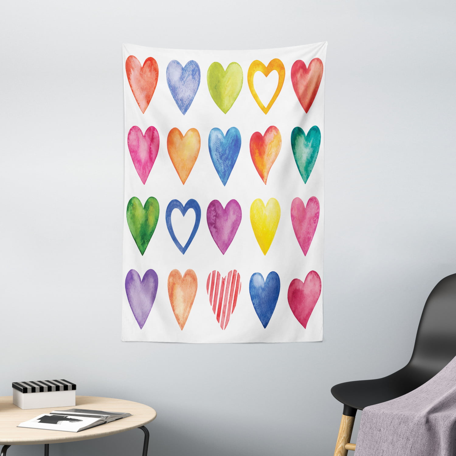Grunge Tapestry, Rainbow Color Heart Shapes Valentine's Day Design ...