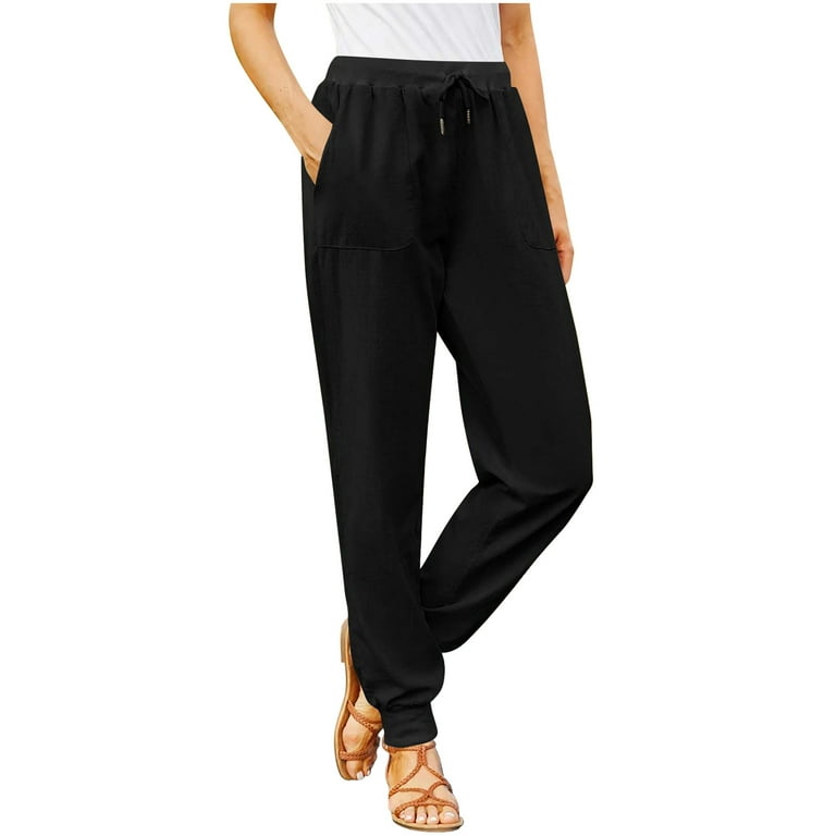 YWDJ Linen Pants for Women High Waist Plus Size Drawstring With Pockets  Plus Size Relaxed Fit Baggy Elastic Waist Casual Long Pant Fashion Solid  Loose Pants for Everyday Wear Work Casual 57-Black
