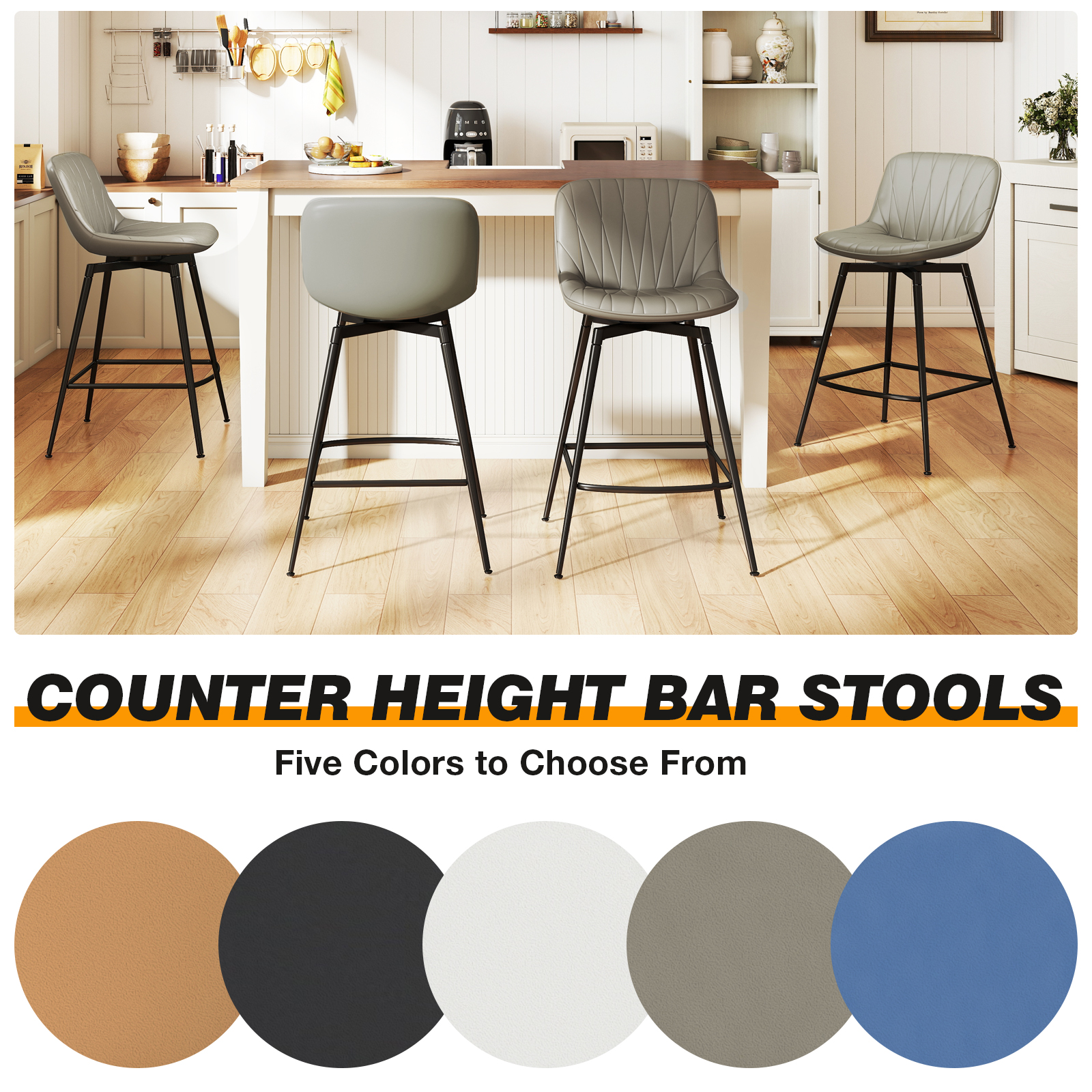 TAVR Modern 30" Swivel Bar Stools Set of 2 with Back & Footrest, Upholstered Counter Height Bar Chairs for Kitchen Island, PU Leather in Gray