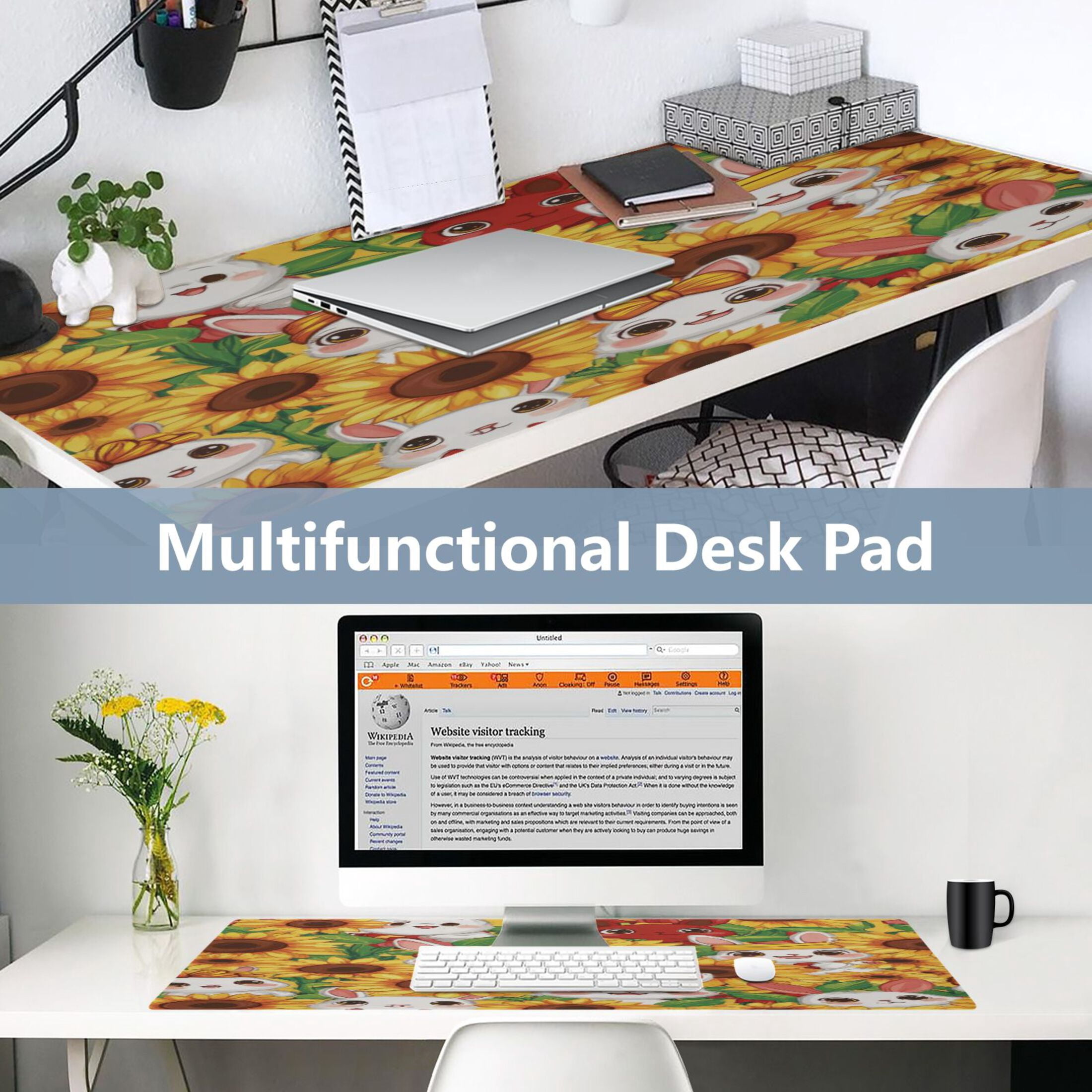 Leather Keyboard and Mouse Desk Mat Office Desk Accessories Protective Office Desk Decor Desk Pad Mat for Gaming, Work from Home, Office Bunnies and Sunflowers 16.5" x 35.4"