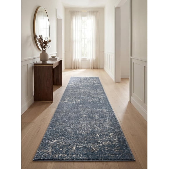 Rugs.com Oregon Collection Rug – 12 Ft Runner Blue Low-Pile Rug Perfect for Hallways, Entryways