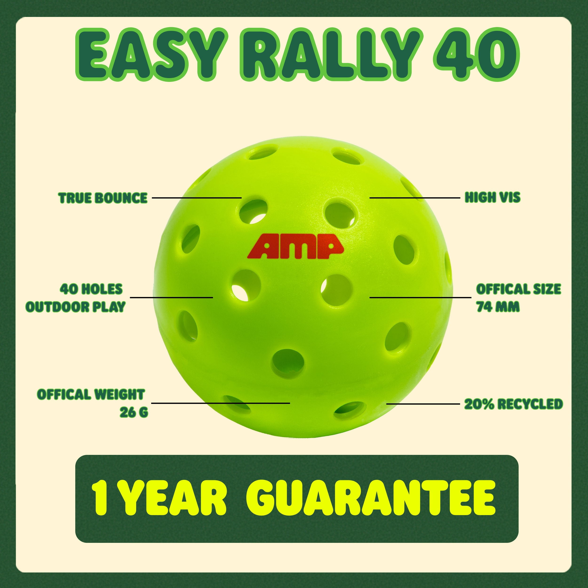 AMP Easy Rally 40 Outdoor Pickleballs, 3 Pack, 40-Hole, Neon Yellow-Green