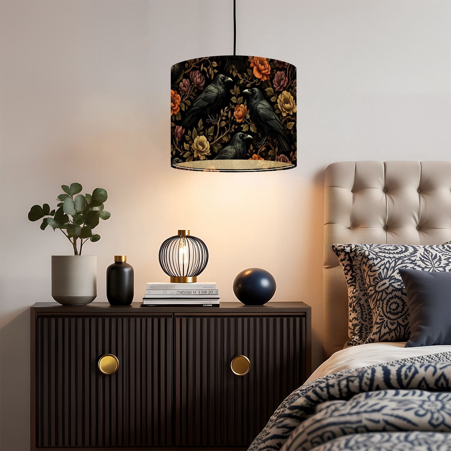Gothic Linen Drum Lampshades Raven Birds Floral Blossom Vintage Botanical 13"x13"x10" Light Shade for Table Lamps Floor Lamp Shades Lampshade Replacement Assembly Required