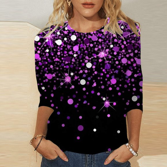 TINZ Women's Casual Crew Neck Carnival Sequin Effect 3/4 Length Sleeve T Shirts Top Fashion Womens T Shirt Turtle Neck Top Pack for Women Trashier Shirts