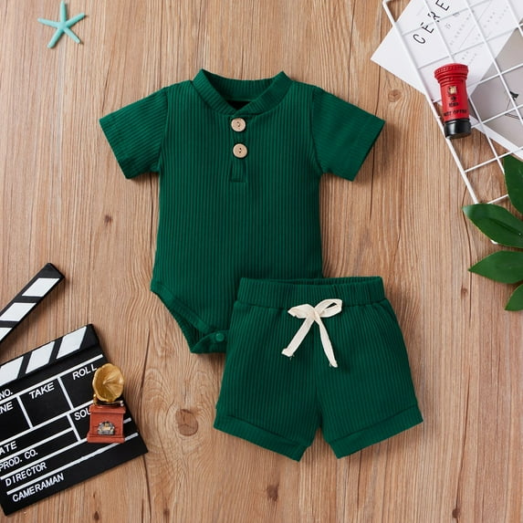Newborn Infant Baby Boy Girl Clothes Summer Unisex Infant Solid Ribbed Button Bodysuits+Elastic Shorts Outfit Set 2PCS