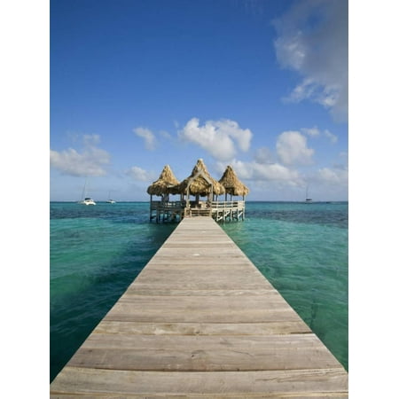 Belize, Ambergris Caye, San Pedro, Ramons Village Resort Pier and Palapa Print Wall Art By Jane