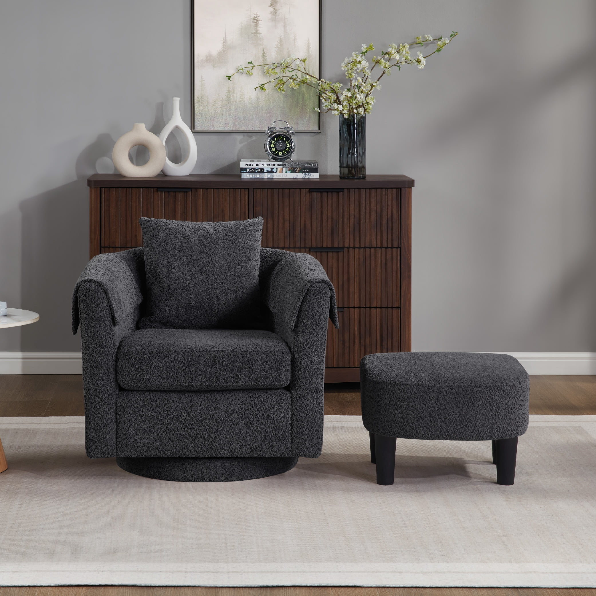 MAYEERTY Swivel Accent Chair with Ottoman, Chenille Barrel Chair for Living Room/Office, Black