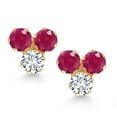 thumbnail image 2 of Gem Stone King 14K Yellow Gold Red Ruby and White Lab Grown Diamond Three Stone Stud Earrings for Women (0.82 Cttw, Gemstone July Birthstone, Round 3MM), 2 of 4