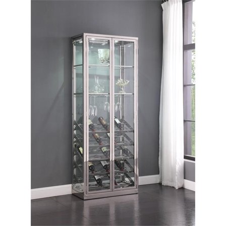 Milan 31.5" Steel and Glass Curio Cabinet with Wine and Stemware Rack in Clear