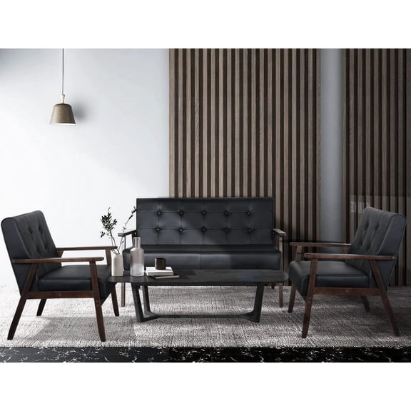 Modern Leather Wooden Single-Seat Sofa, Accent Armchair Mid-Century Lounge Couch, Durable & Cozy (Black-1, Single)