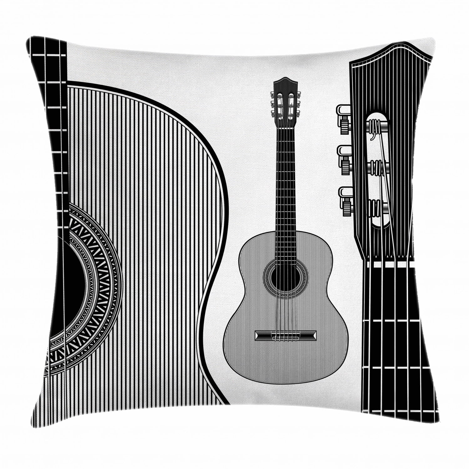 Guitar Throw Pillow Cushion Cover, Monochrome Design Striped Acoustic