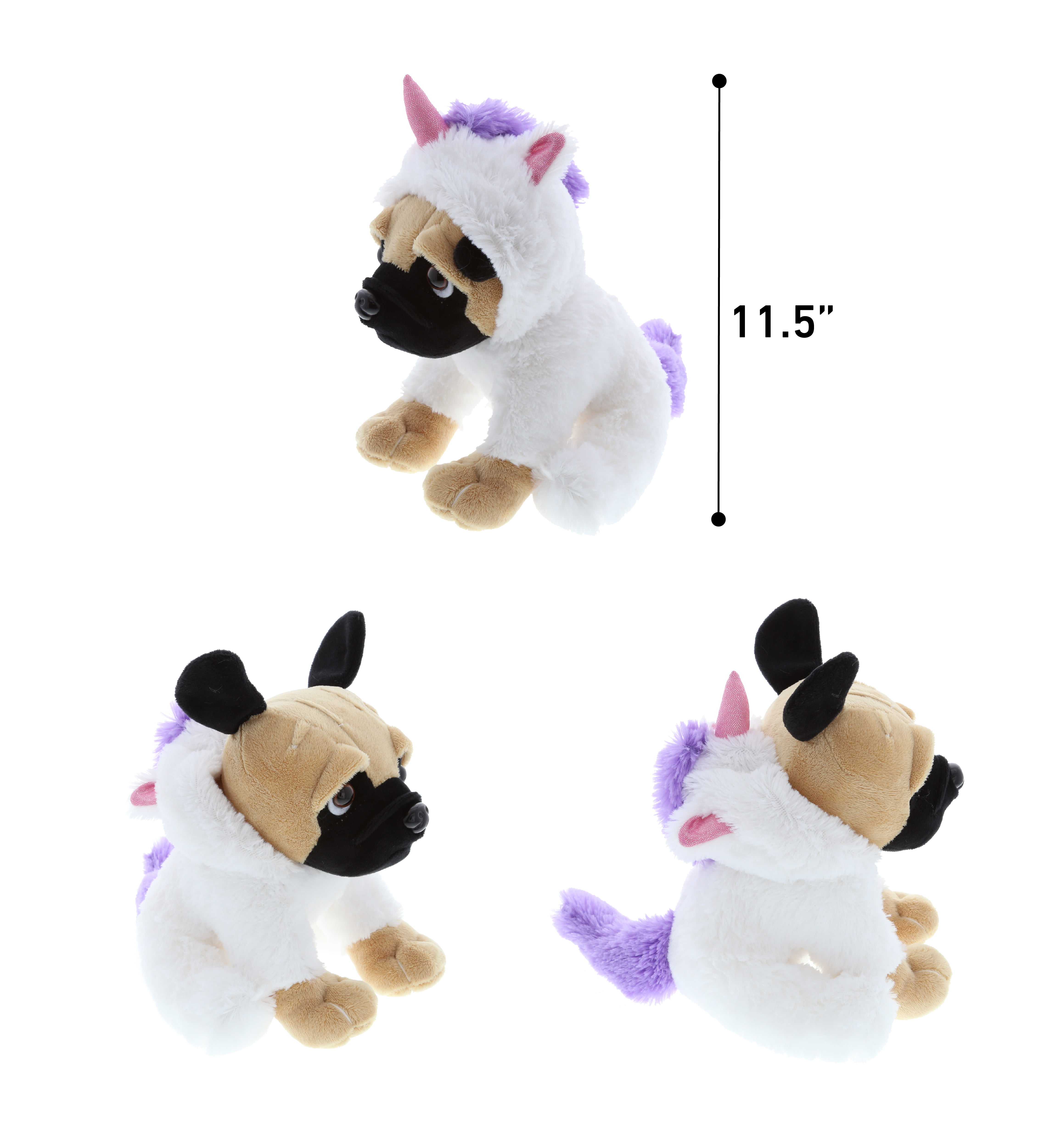 20cm Cuddly Toy Plush Pug In Unicorn Costume Outfit Pink Hot Pink Or Purple 