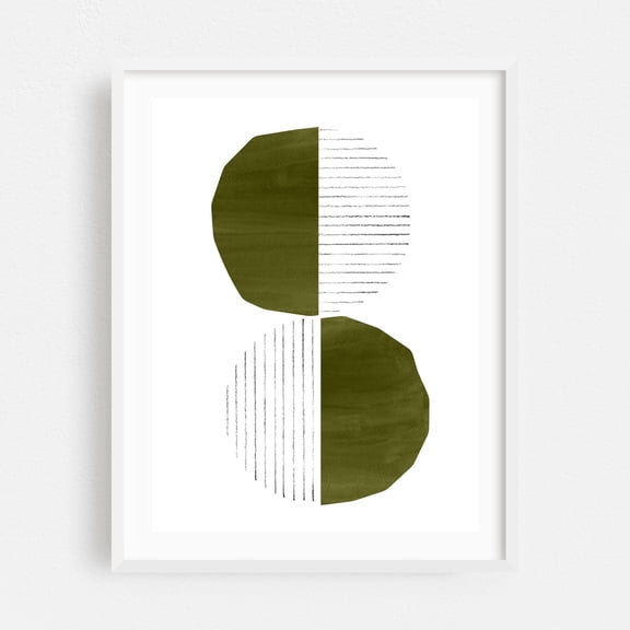 Olive green doho shapes - Mixed Media Geometric Minimalist Abstract Modern Art Line Art Watercolor Pattern White Framed Wall Art Print 12 x 16 inches