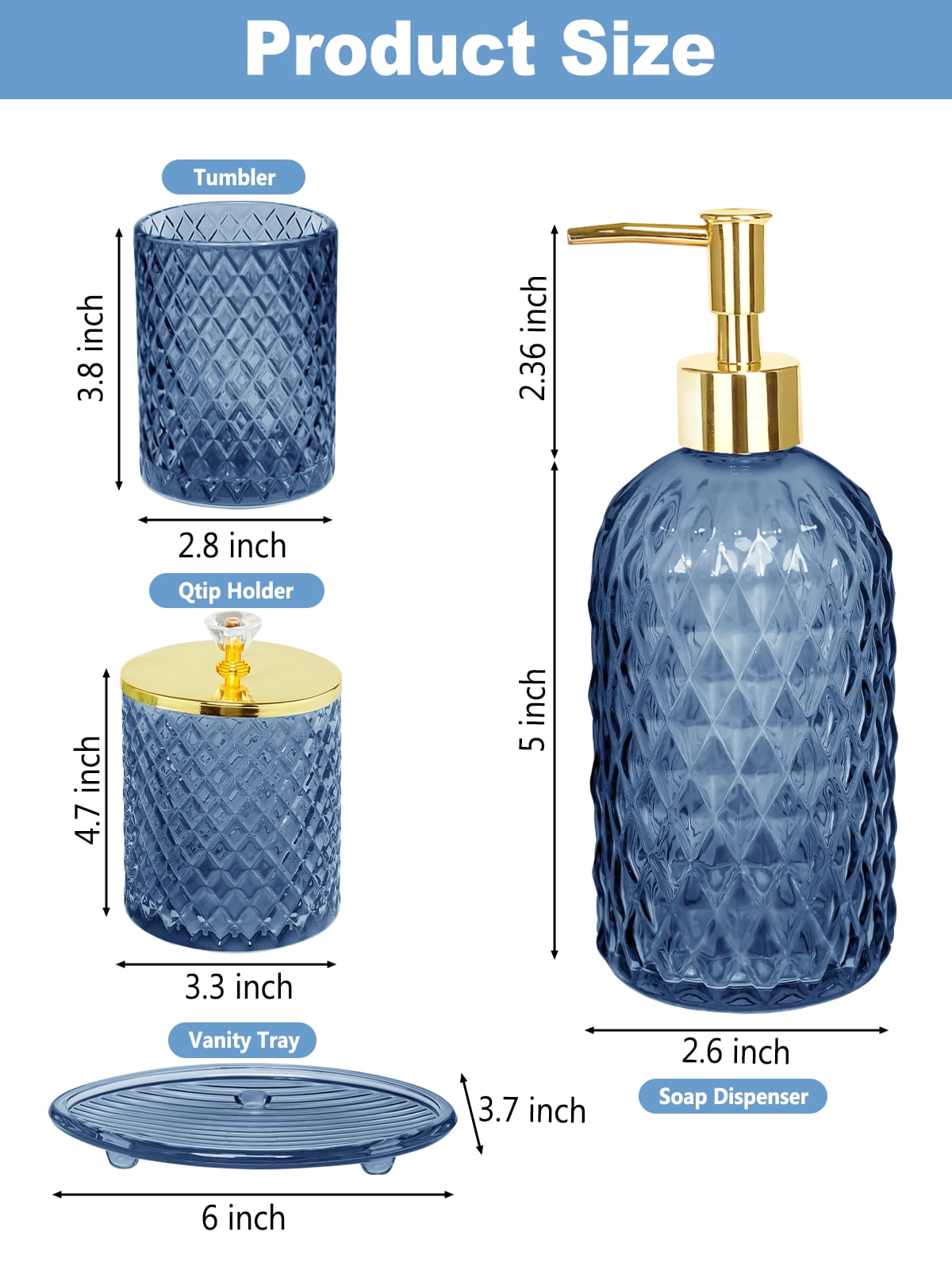 Cirhy Blue Bathroom Accessories Set, 4PCS Glass Bathroom Accessory Set with Lotion Soap Dispenser, Toothbrush Holder, Qtip Holder & Soap Dish, Modern Bathroom Decor for Home Apartment