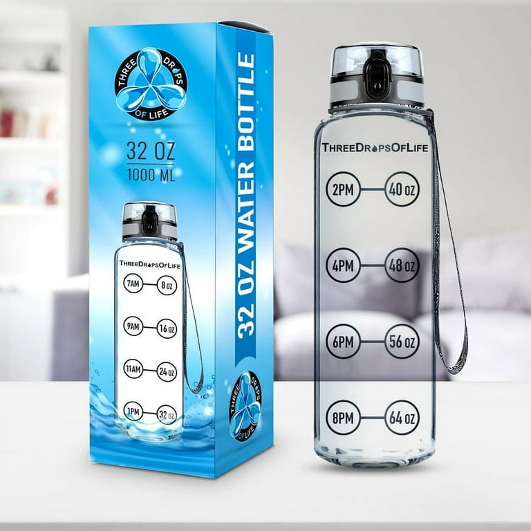 Squeeze Water Bottle HYDR-8 Time Marked 32oz Clear Sports Bottle