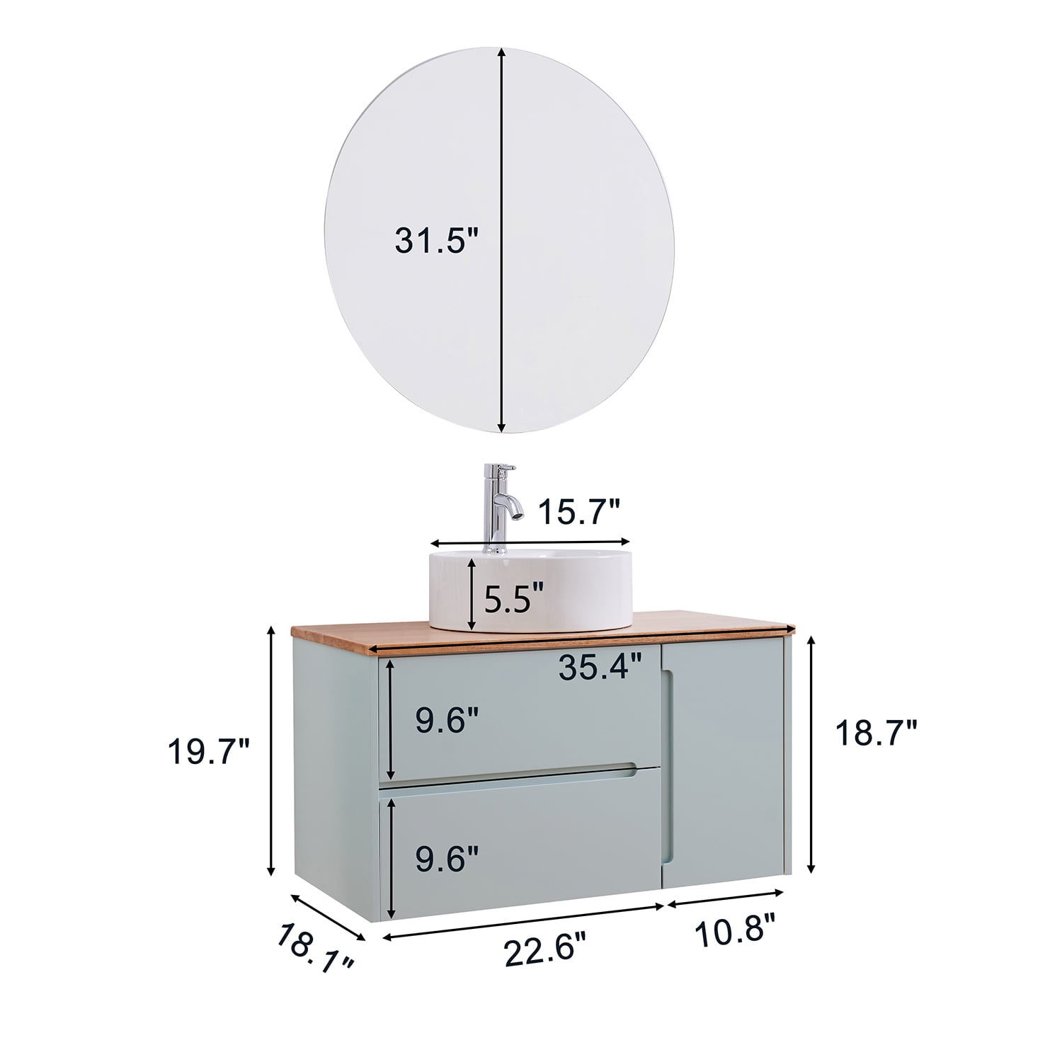 Demi Bonn 35" Single Door Wall Mounted Bathroom Vanities Cabinet with Ceramic Sink, 2 Drawers and Round Mirror, Faucets and Drains Not Included, Blue