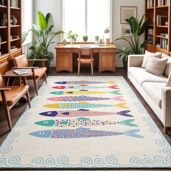 4'x6' Area Rugs, Colorful Fish Coastal Indoor Outdoor Area Rug for Living Room Bedroom, Nautical Summer Ocean Sea Rustic Washable Bathroom Rugs Kitchen Floor Carpet Mats Home Decor Aesthetic