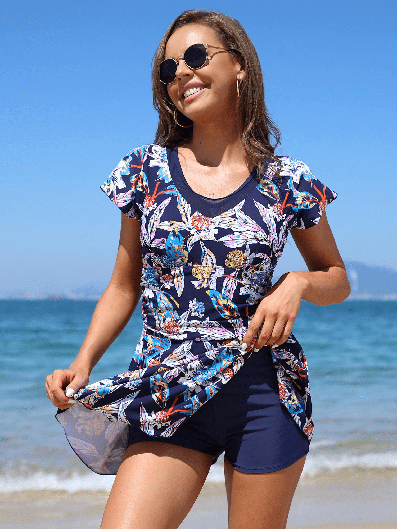 BIMEI One Piece Mastectomy Swim Dress For Women Tummy Control Swimwear Pocketed Swimsuit Floral Sleeve Bathing Suit Skirt 008,Blue,L