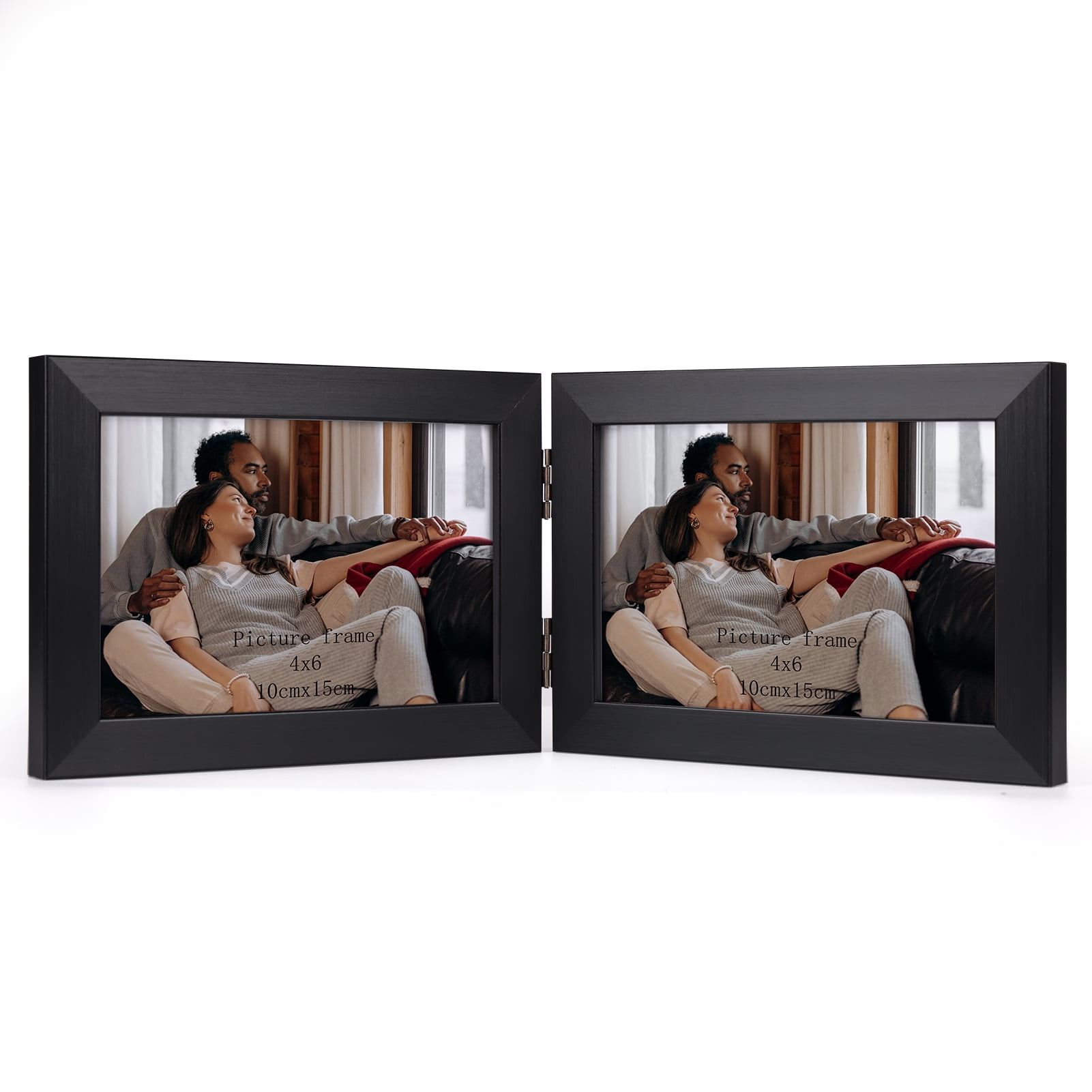 4x6 Double Picture Frame with Real Glass Display Horizontal 4 by 6 Photo, Hinged Folding Frame for Tabletop Standing, Black