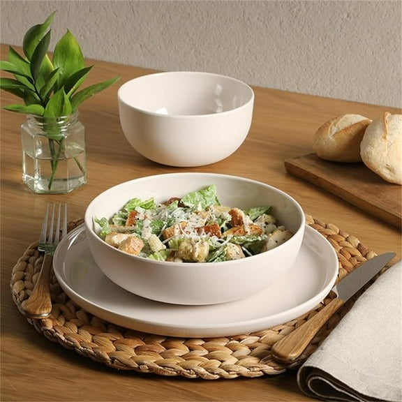 12 Piece Unbreakable Wheat Straw Melamine Plates and Bowls Dinnerware Set - Outdoor, Camping, & Everyday Use - Matte Exterior/Shiny Interior Taupe Cream