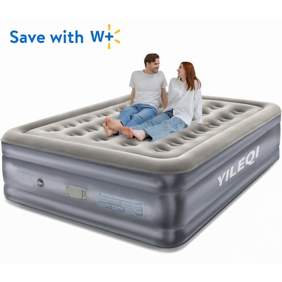 Yileqi Queen Air Mattress with Built in Battery Pump & 2 Air Pillows - 18" Inflatable Camping Mattress, Foldable Air Bed for Home & Outdoor, 650lb Support, Quick Inflation/Deflation, Grey&Blue