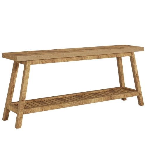 70.9” Extra Long Farmhouse Console Table, Solid Wood Entryway Table with 2-Tier Open Storage, Rustic Narrow Sofa Table Behind Couch for Hallway, Living Room, or Foyer, Light Brown