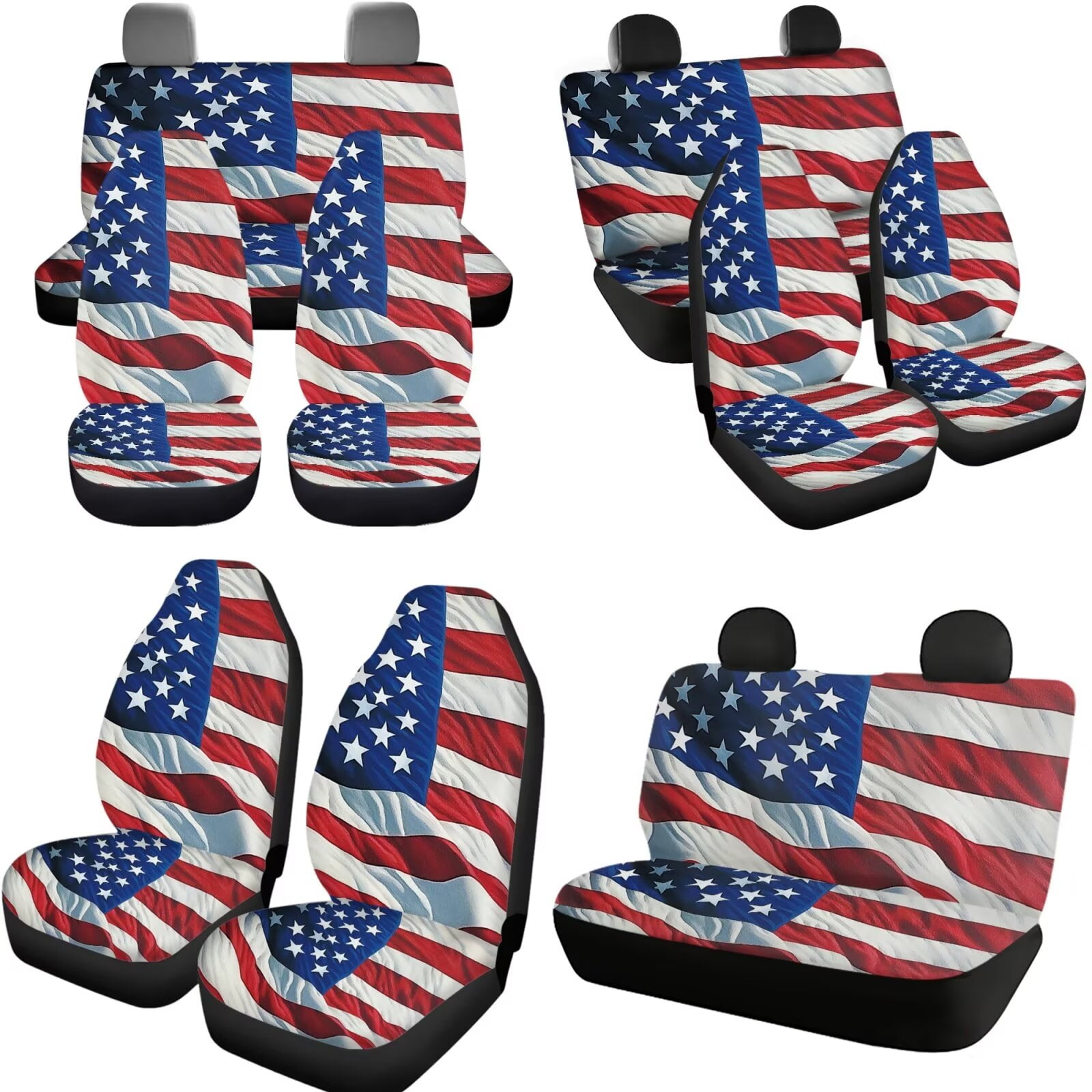 Garronmavis American Flag 11 Pcs Car Seat Covers Full Set with Cars Headrest Protectors+Lanyards Key Ring+Auto Cup Coaster+Handbrake Gear+Shift Knob Cover Interior Accessiores for Decor