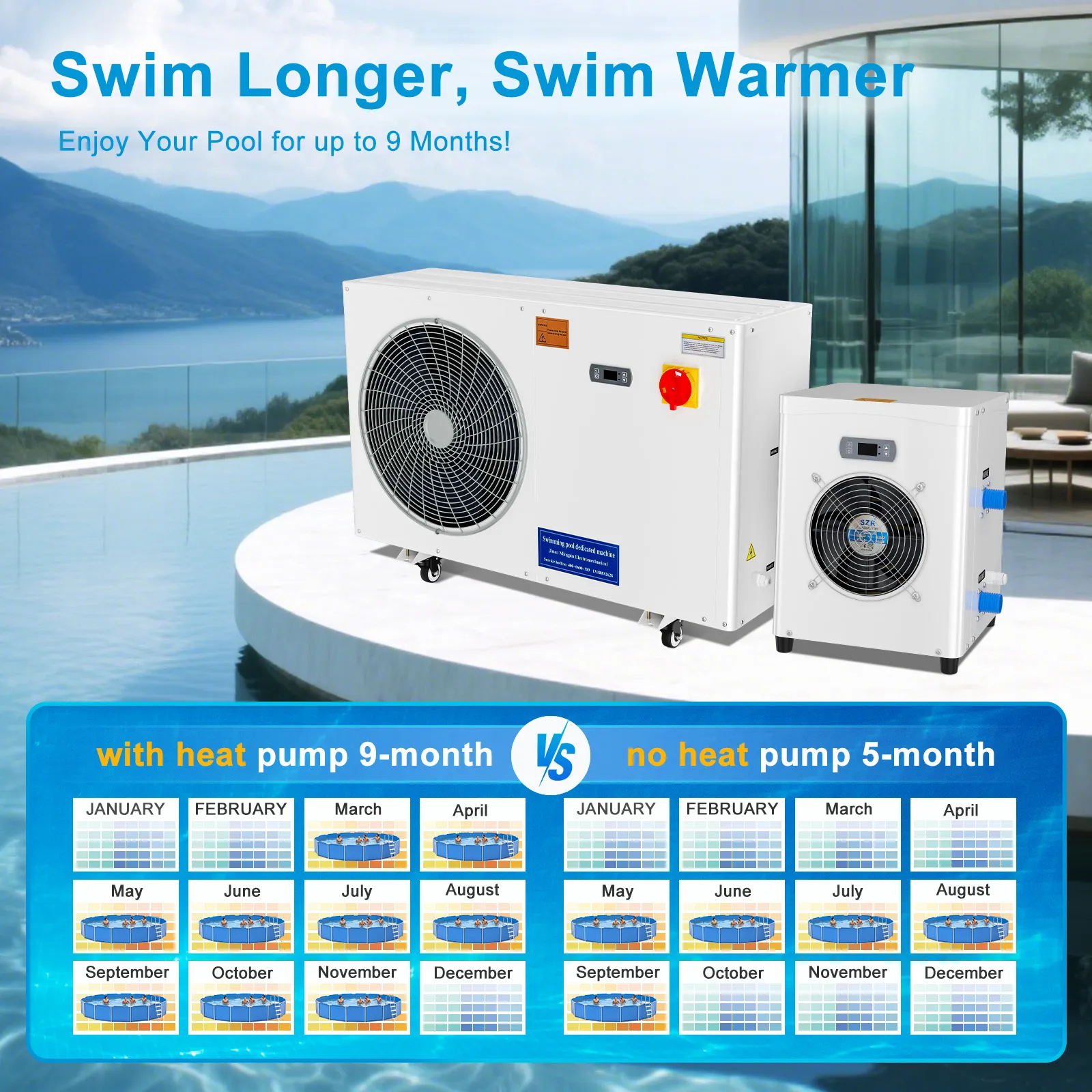 Slsy Swimming Pool Heat Pump for Above Ground Pools, 16186 BTU Energy Efficient Pool Heater with Compact Design & Power Cord Included, White