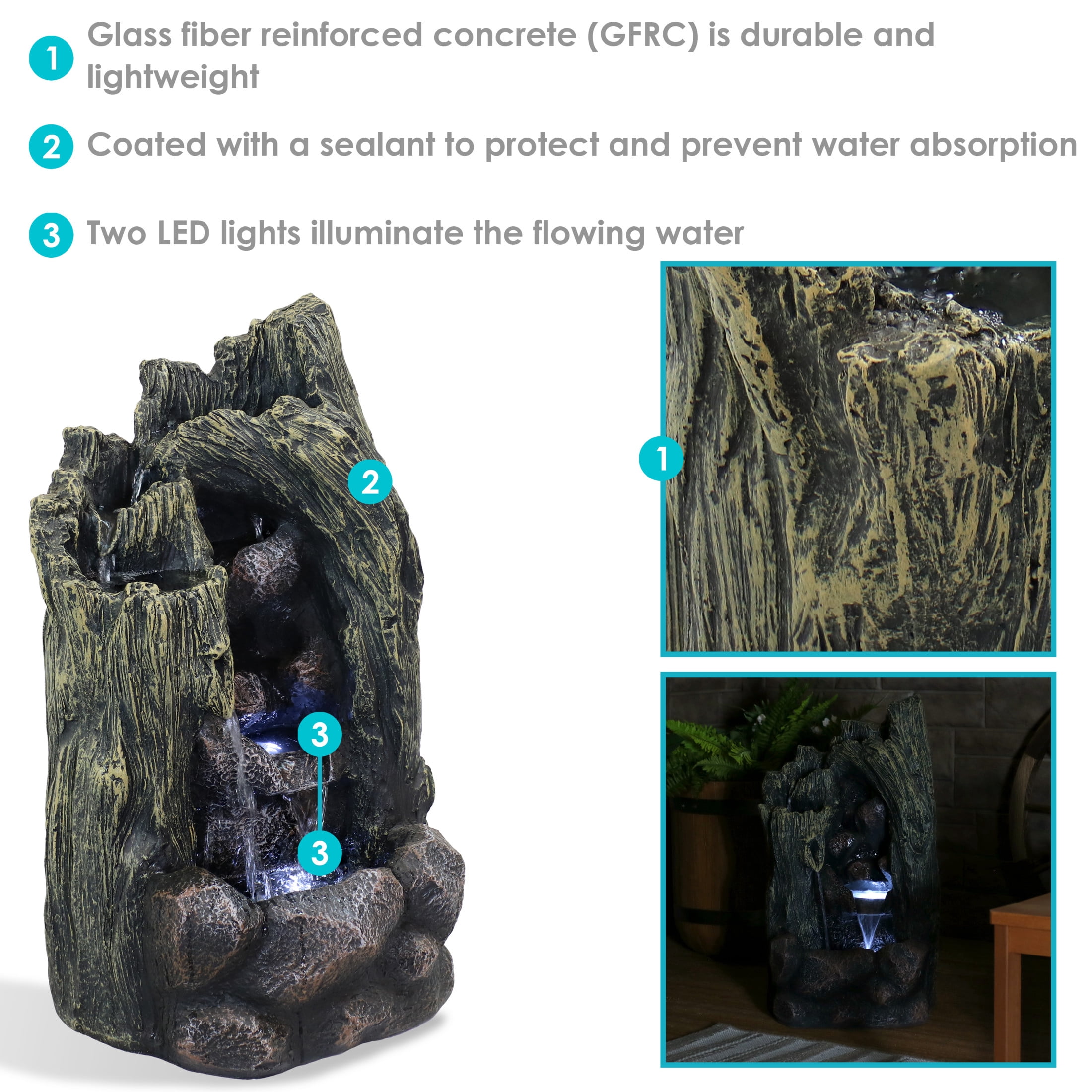 Sunnydaze Cavern of Mystery Fiberglass Concrete Outdoor Water Fountain with Lights