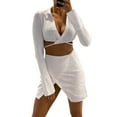 thumbnail image 2 of SAYOO Women Tops Skirt Suit, Long Sleeve Lapel Bandage Solid Color Tops + Split Half Dress Summer Suit, 2 of 4