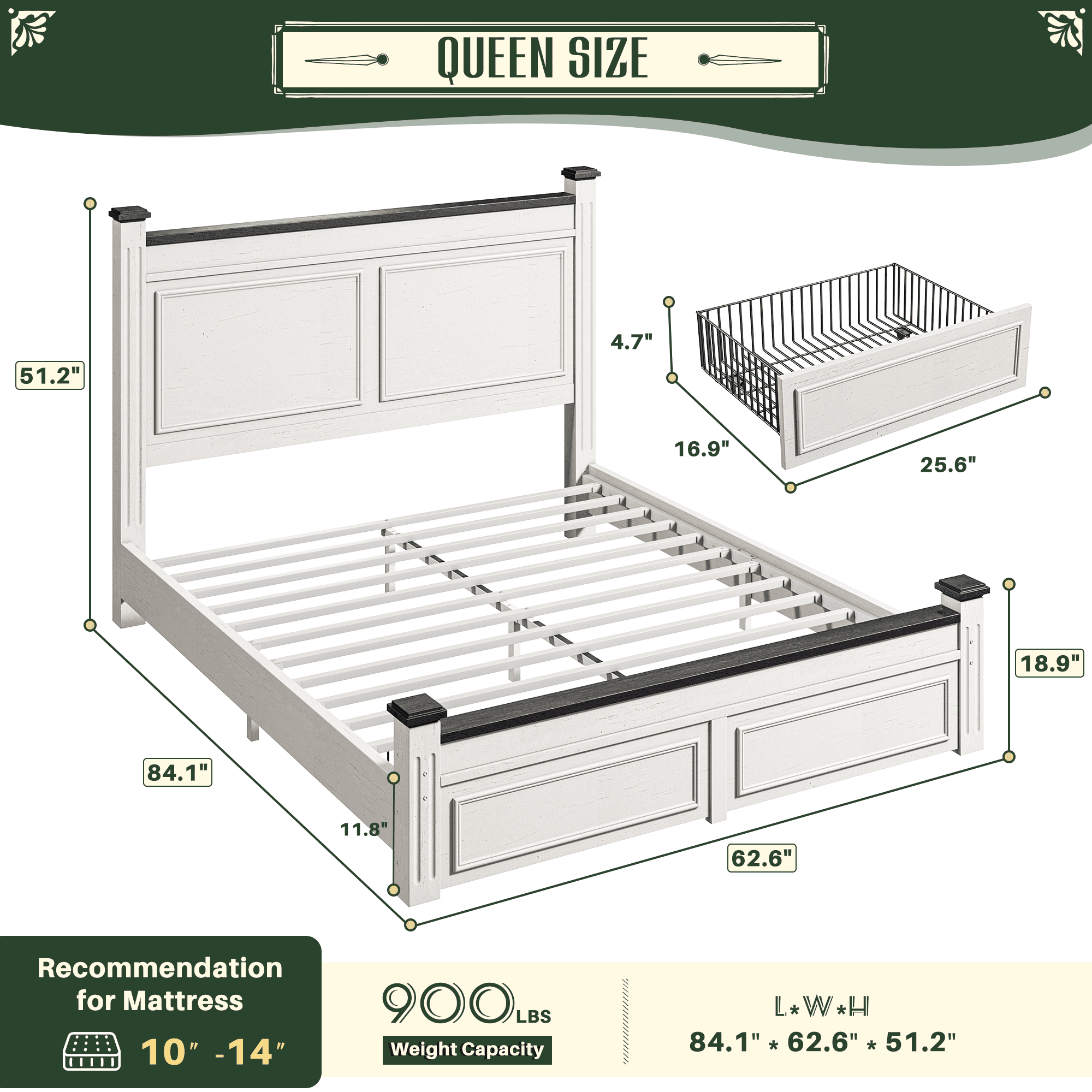EnHomee Queen Bed Frame with 2 Storage Drawers Queen Size Bed Frame with 51.25" H Headboard Farmhouse Bed Frame NO Noise, No Box Spring Needed, White