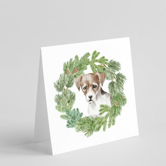 Jack Russell Terrier Puppy Tricolor with Christmas Wreath Square Greeting Cards and Envelopes Pack of 8 5 in x 5 in