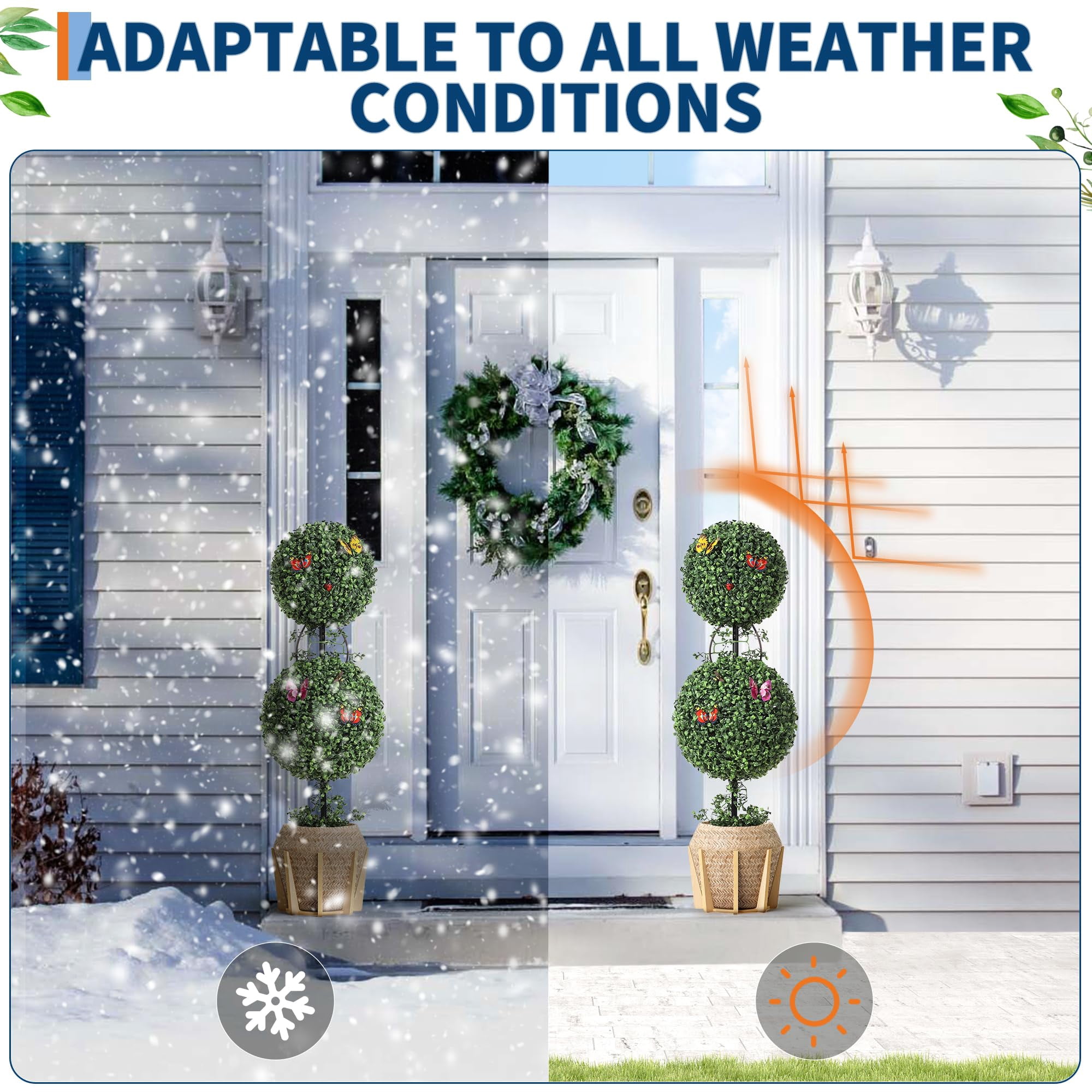Accreate 3 FT Artificial Double Ball Topiary Trees with Pot, 2 PCS Topiary Trees Artificial Outdoor with Moss, Vine, Butterfly Decor, All Year Green Outdoor Faux Plants for Front Porch, Home Decor