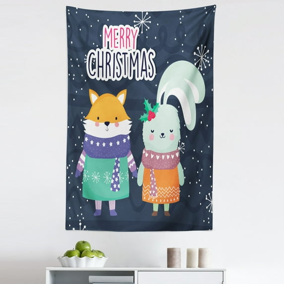 Bunny Tapestry, Merry Christmas Fox and Rabbit Holding Hands Sweater Scarf Snow Winter Illustration, Fabric Wall Hanging Decor for Bedroom Living Room Dorm, 5 Sizes, Multicolor, by Ambesonne