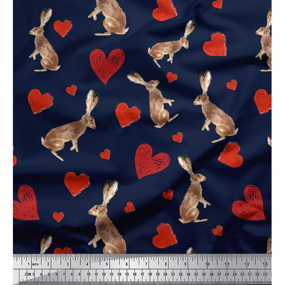 Soimoi Blue Georgette Viscose Fabric Bunny & Heart Print Fabric by Yard 42 Inch Wide