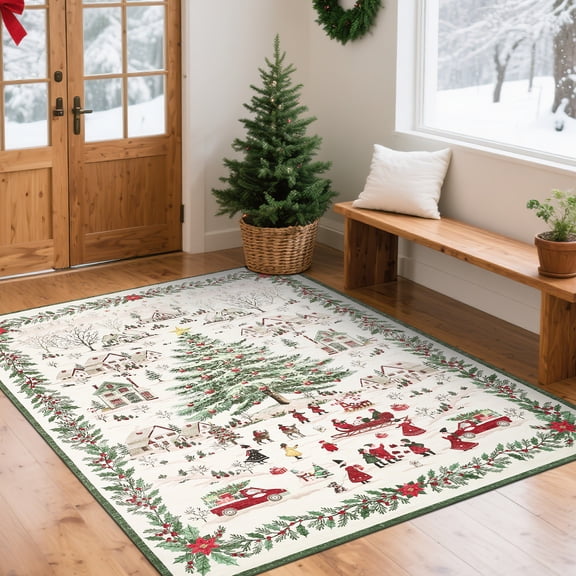 HOMERRY Xmas Rug Christmas Home Decor Tree Border Area Rug Washable Non-slip 4' x 6' Modern Throw Rug for Living Room Indoor Green/Beige Carpet