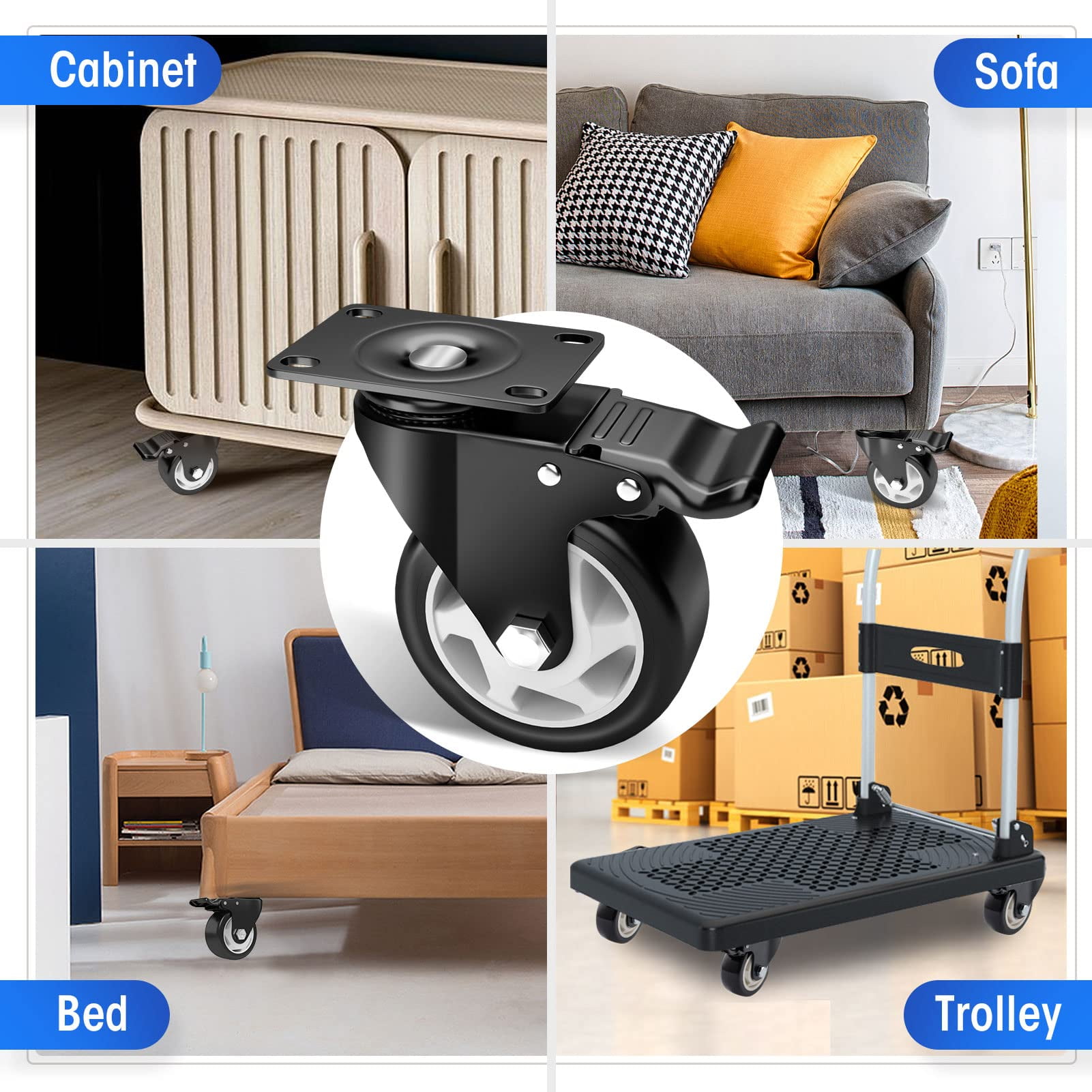 ASHGOOB Caster Wheels, 4 Inch Casters Set of 4 Heavy Duty - Black Polyurethane Castors, Top Plate Swivel Wheels, 4-Pack Industrial Casters with Brake, Locking Casters for Furniture and Workbench