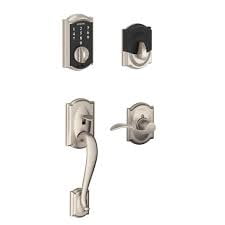 Schlage Camelot Satin Nickel Electronic Keyless Touchscreen Deadbolt with Exterior Door Handleset and Accent Door Lever with Camelot Trim Rated AAA Security