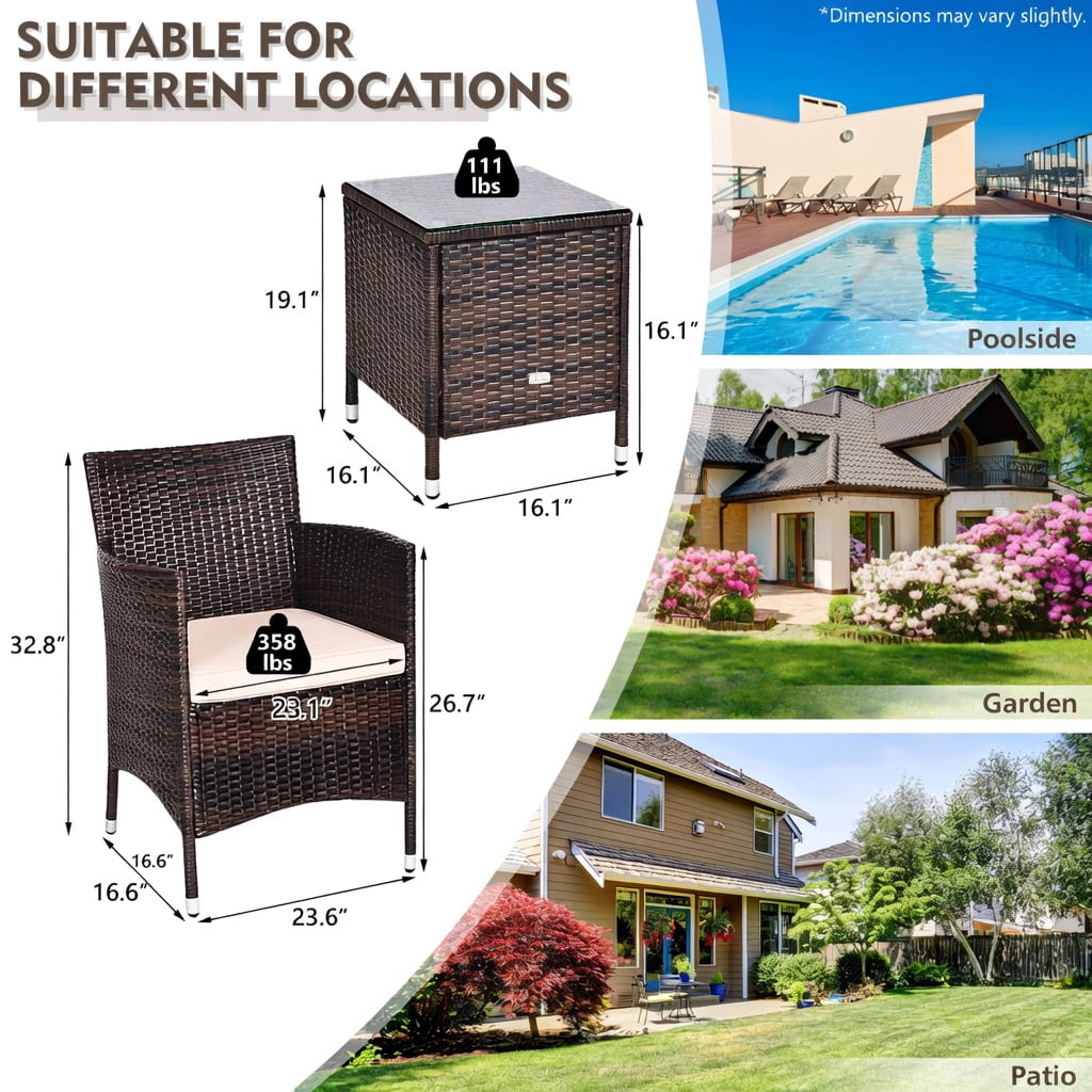 Hommoo 3-Piece Outdoor Wicker Furniture Set, PE Rattan Chairs with Cushions + Tempered Glass Coffee Table for Patio, Garden & Backyard, Brown
