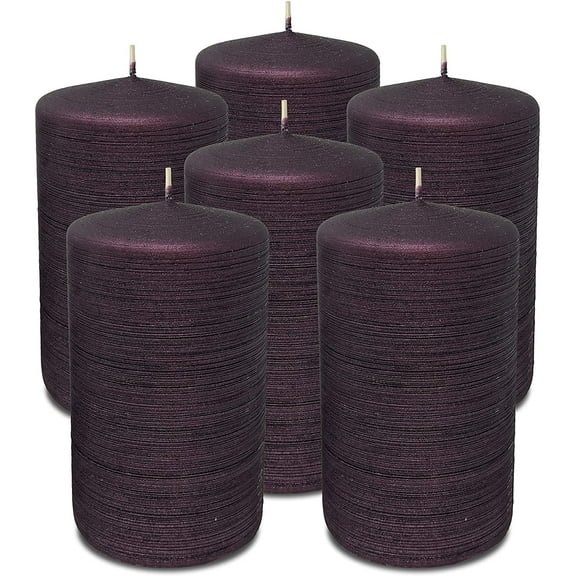 Hyoola, 2.75 x 5 Unscented Purple Brushed Metallic Rustic Pillar Candles, Paraffin Wax with Cotton Wicks, 6-Pack