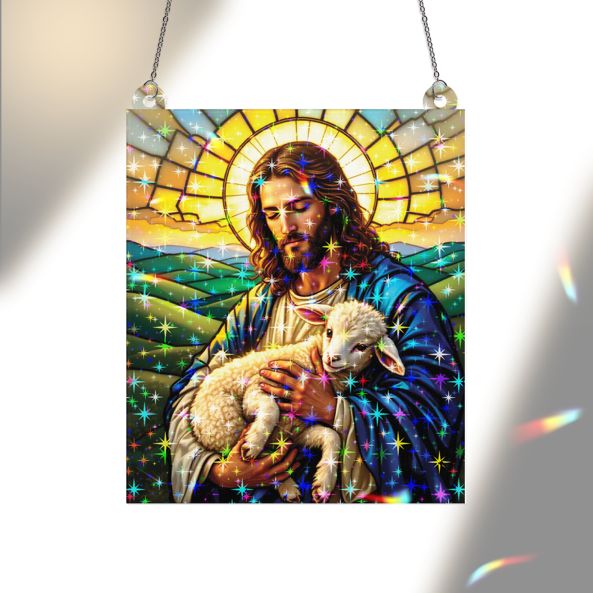 89Bloom Jesus and the Lamb Stained Glass Hologram Ornament, Stained Glass Suncatcher Ornaments Home Decor, Holographic Ornaments