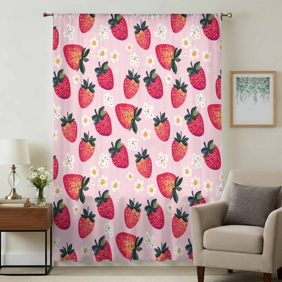 Strawberry Sheer Curtains 45 Inches Long, Pink Spring Summer Rustic Floral Fruit Light Filering Curtains, Breathable Simi Curtain Privacy Drapes for Kitchen Bathroom Small Window Treatment