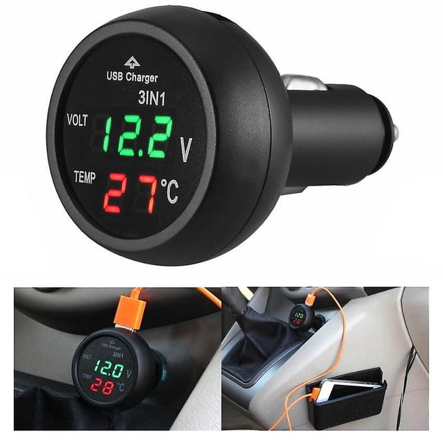3 In 1 Car Voltage Meter Usb Charger Temperature Monitor 12v 24v Led Light Digital Voltmeter Thermometer Cigarette Ligter Gauge