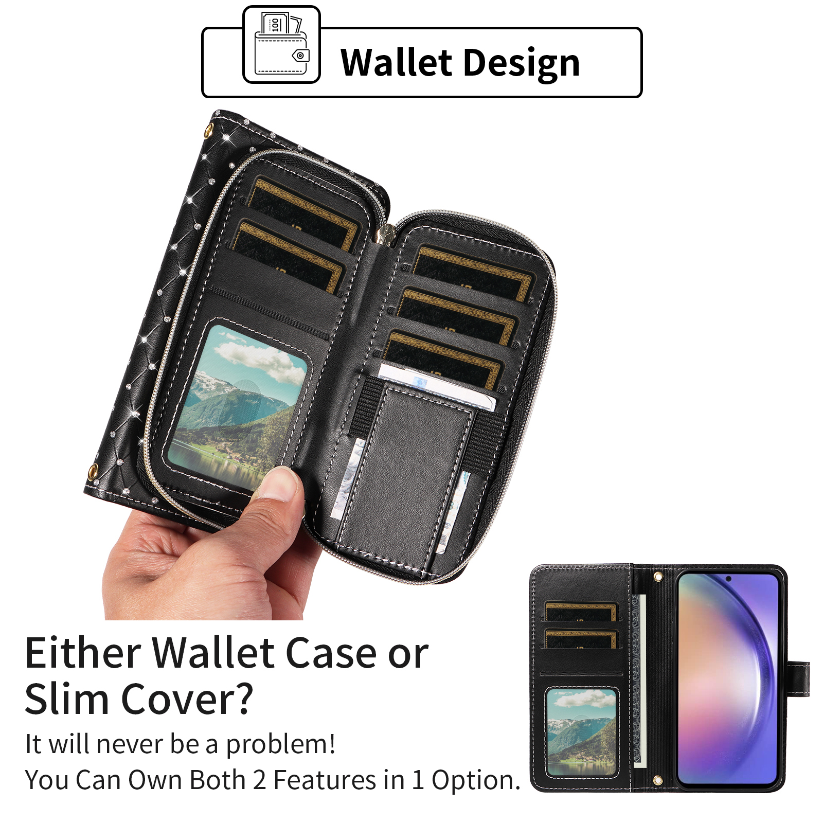 Compatible with Samsung Galaxy A54 5G Wallet Phone Case Tempered Glass Screen Protector Bling Glitter Crossbody Lanyard Strap Flip Zipper Purse Card Holder Cell Cover for A 54 54A SMA546U Women Black