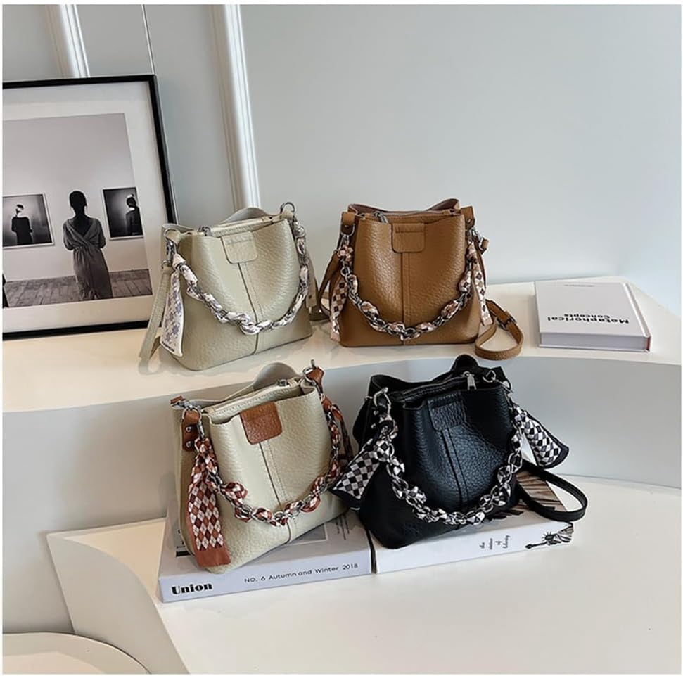 Leather Bucket Bag with Thick Chain for Women Hobo Bucket Bags and Purses Casual Crossbody Shoulder Bucket Handbag