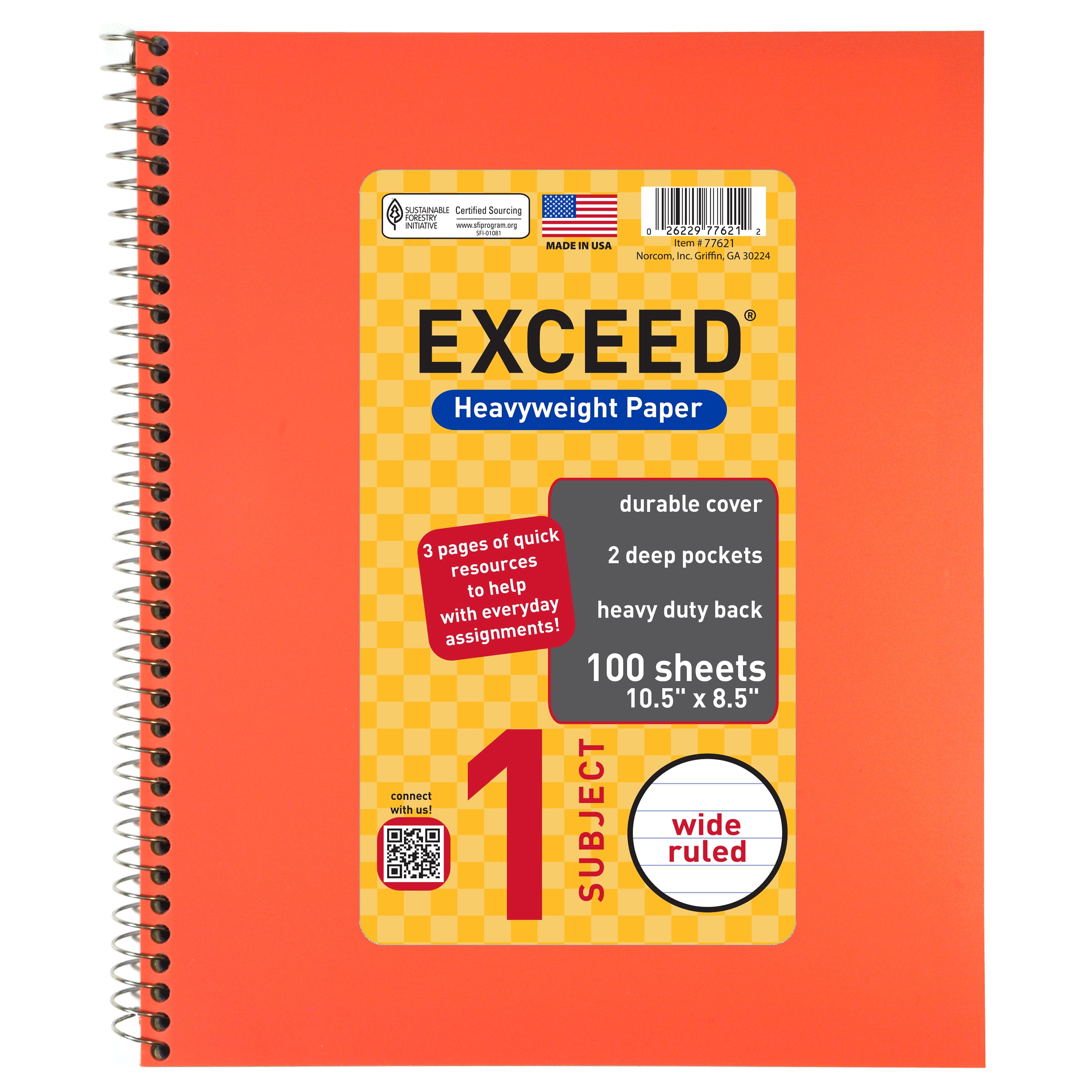 Exceed Spiral Notebook, Wide Ruled, 1 Subject, 100 Pages, 8.5" x 10.5", Color Choice Will Vary, 77621